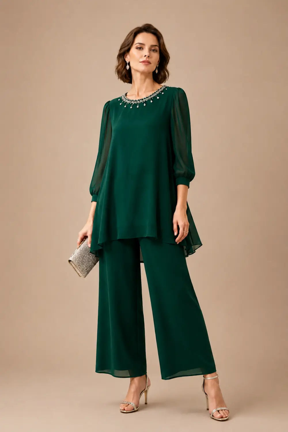 Beaded Chiffon Layered Pant Suit with 3/4 Sleeves
