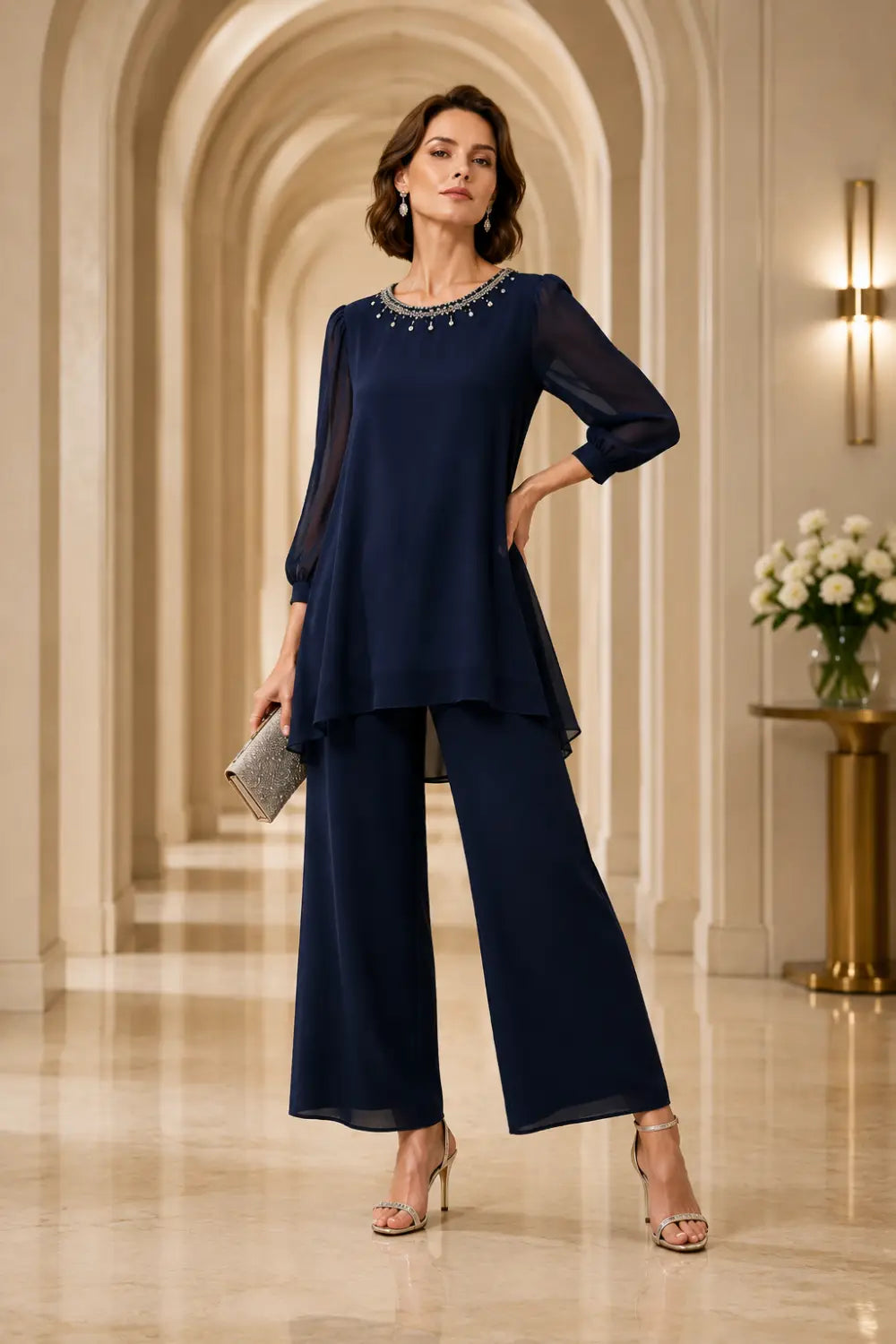 Beaded Chiffon Layered Pant Suit with 3/4 Sleeves