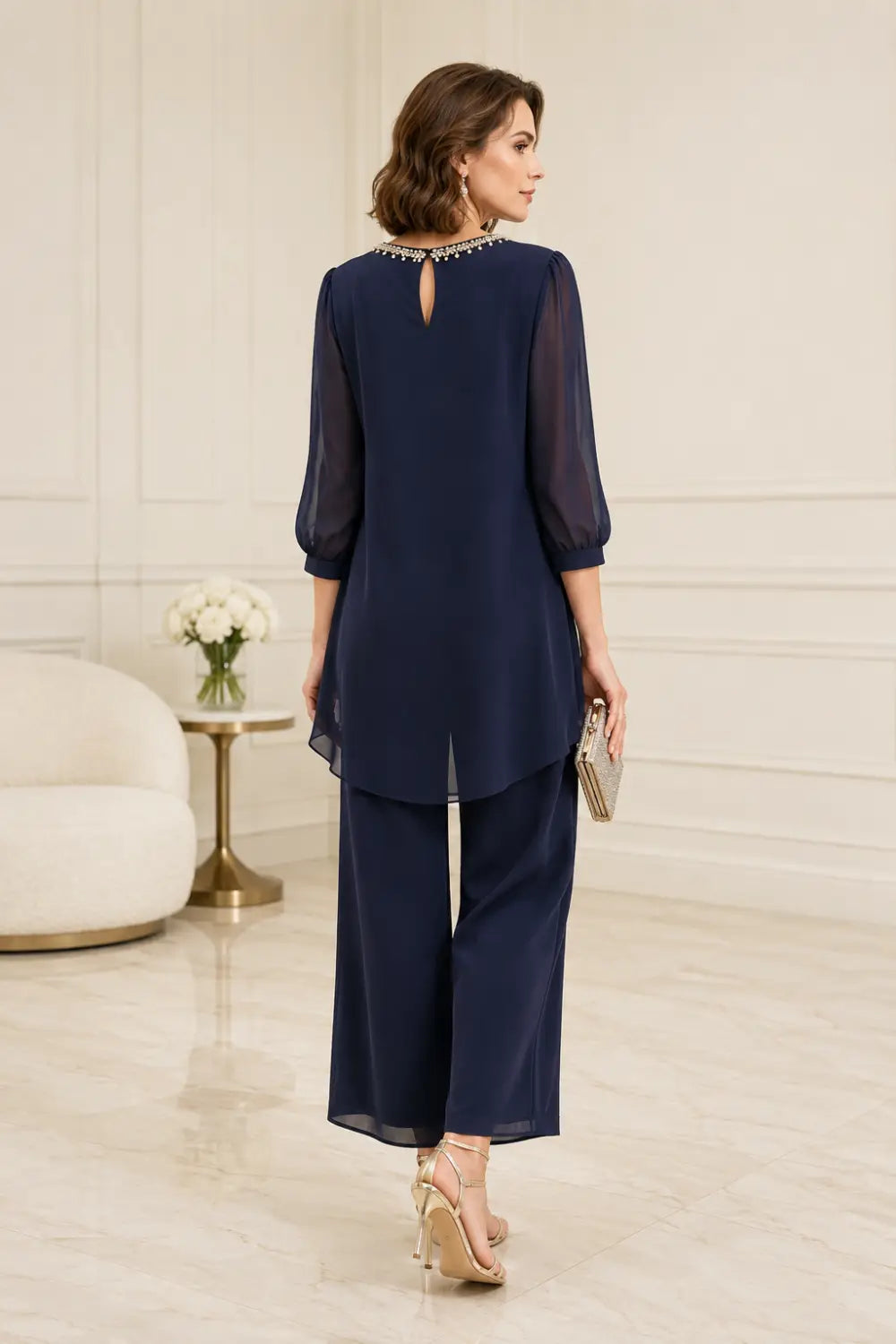 Beaded Chiffon Layered Pant Suit with 3/4 Sleeves