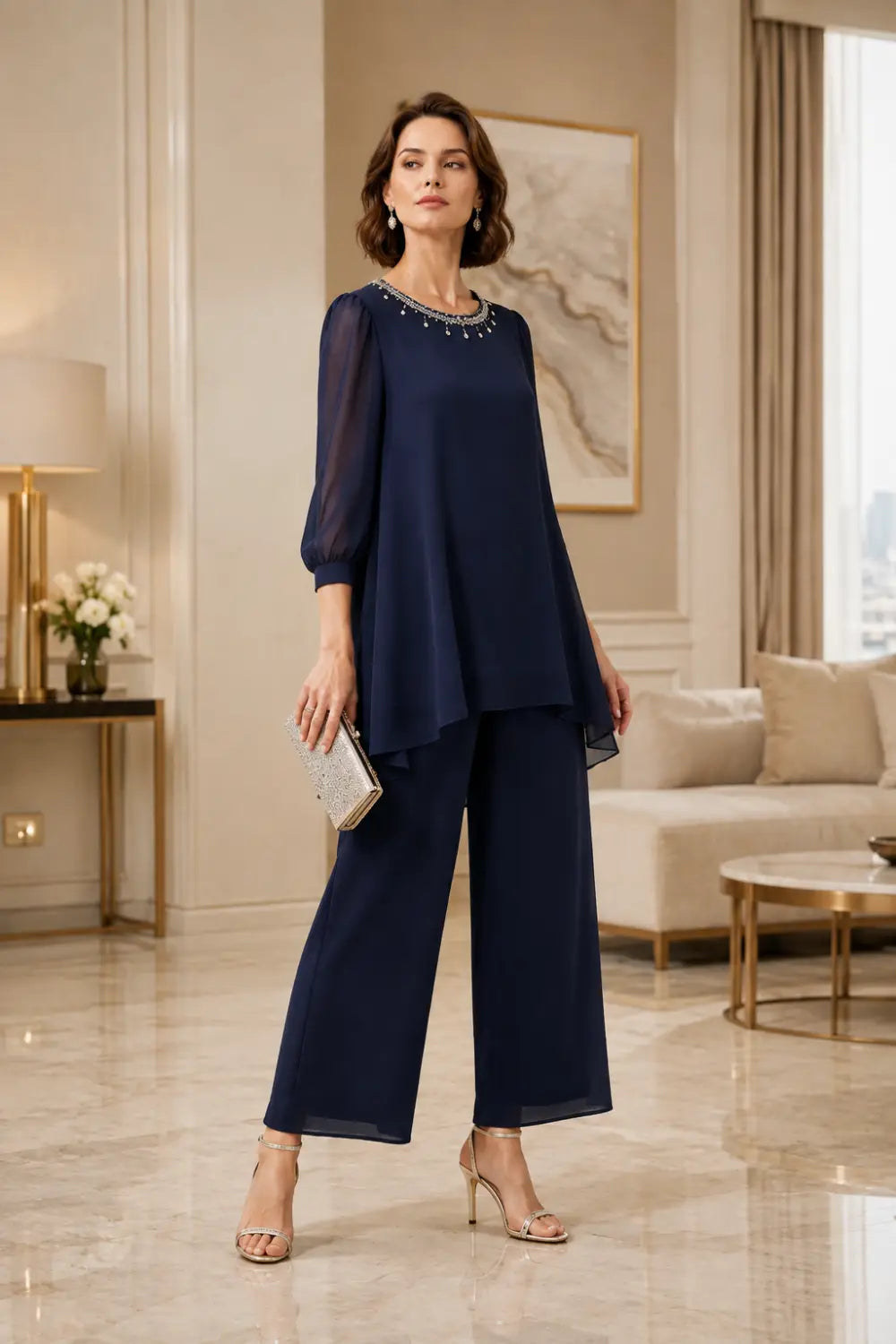 Beaded Chiffon Layered Pant Suit with 3/4 Sleeves