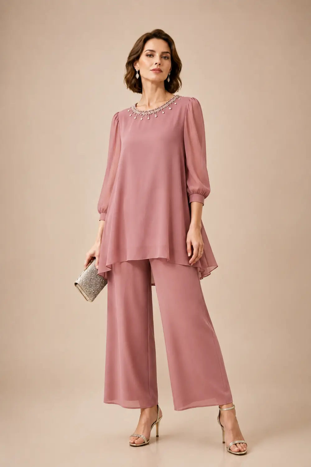 Beaded Chiffon Layered Pant Suit with 3/4 Sleeves