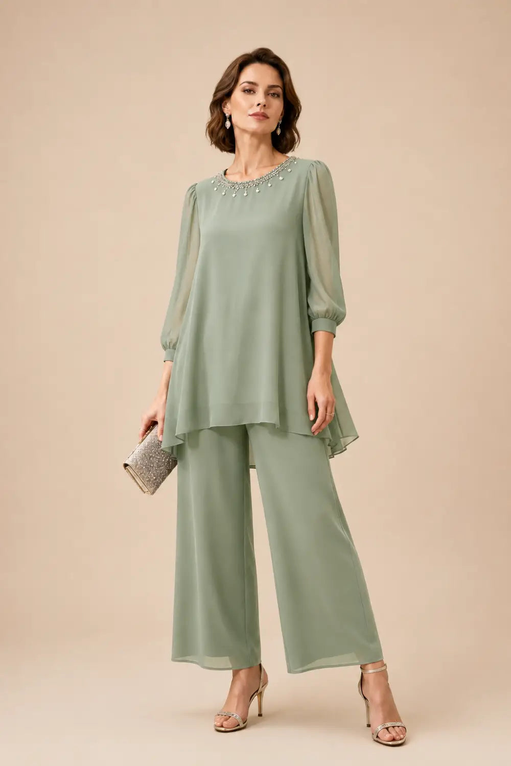 Beaded Chiffon Layered Pant Suit with 3/4 Sleeves