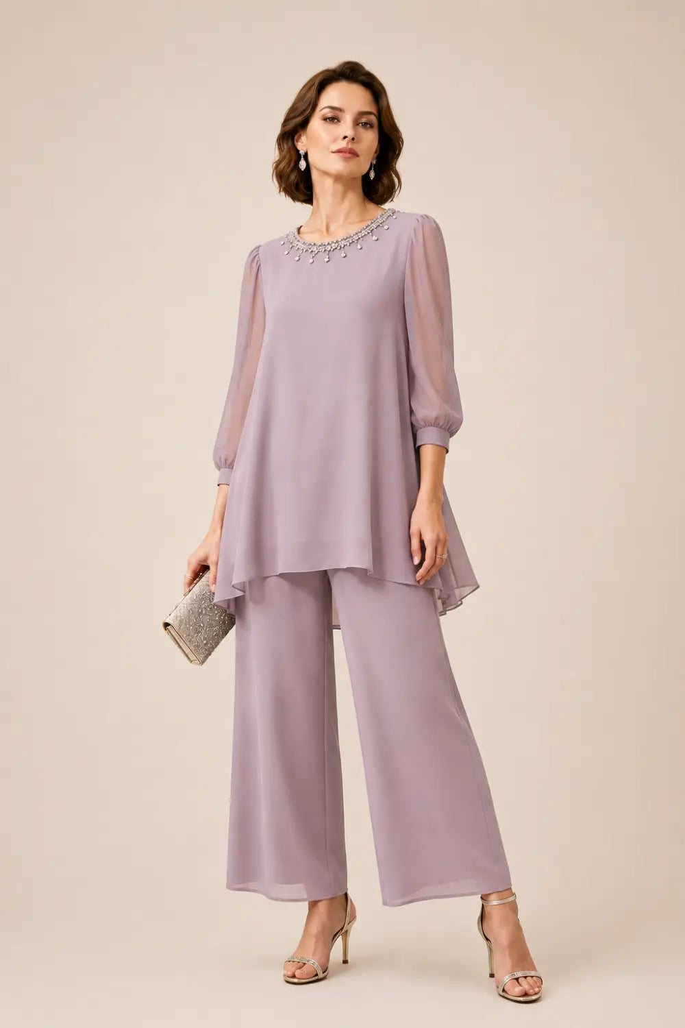 Beaded Chiffon Layered Pant Suit with 3/4 Sleeves
