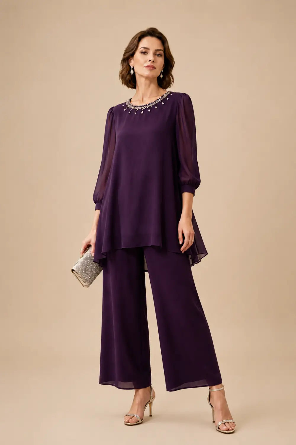 Beaded Chiffon Layered Pant Suit with 3/4 Sleeves
