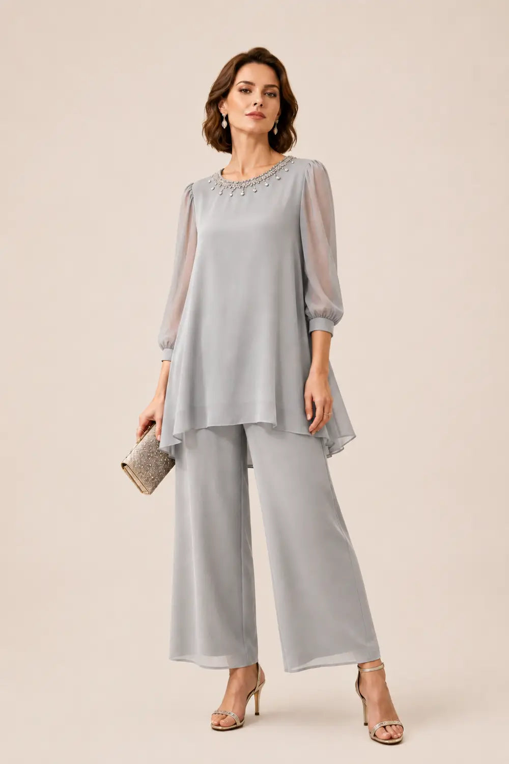 Beaded Chiffon Layered Pant Suit with 3/4 Sleeves