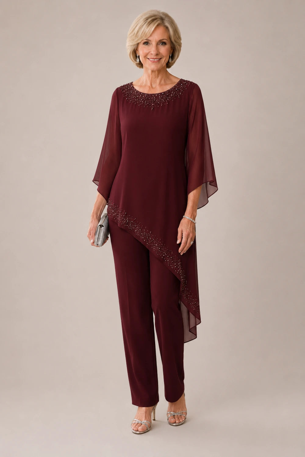Beaded Chiffon Overlay Mother of the Bride Pant Suit