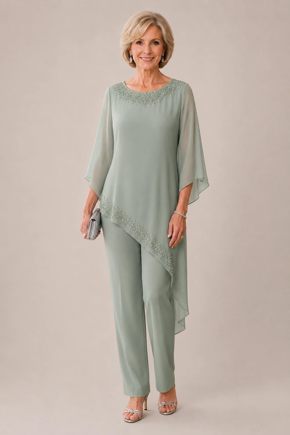 Beaded Chiffon Overlay Mother of the Bride Pant Suit