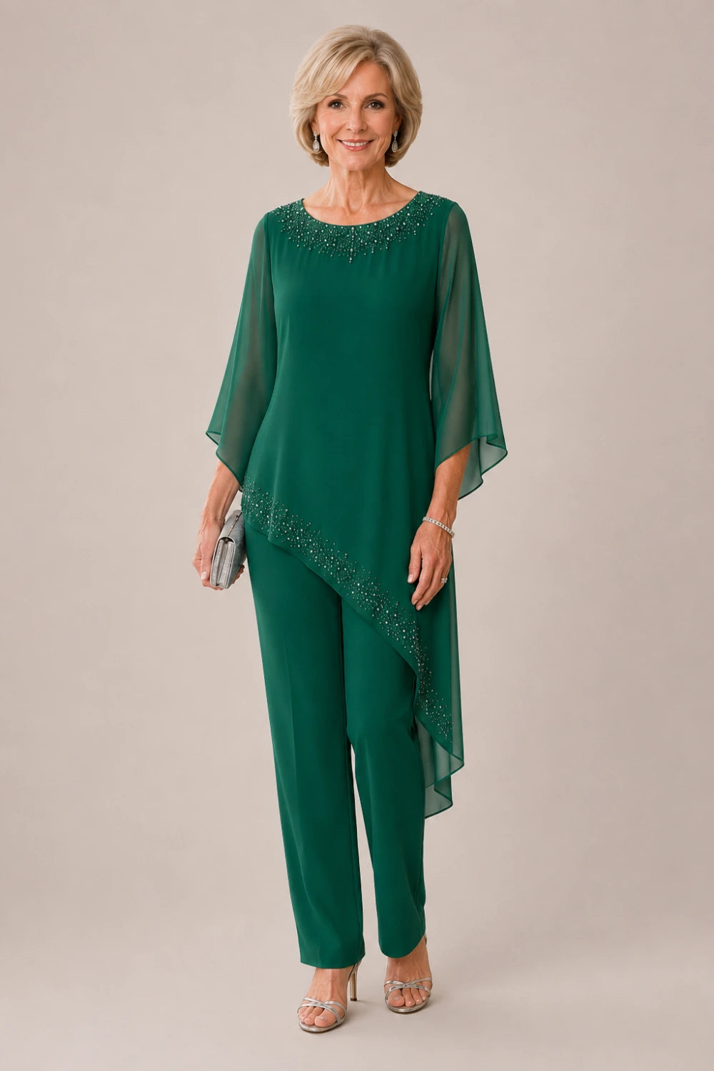 Beaded Chiffon Overlay Mother of the Bride Pant Suit
