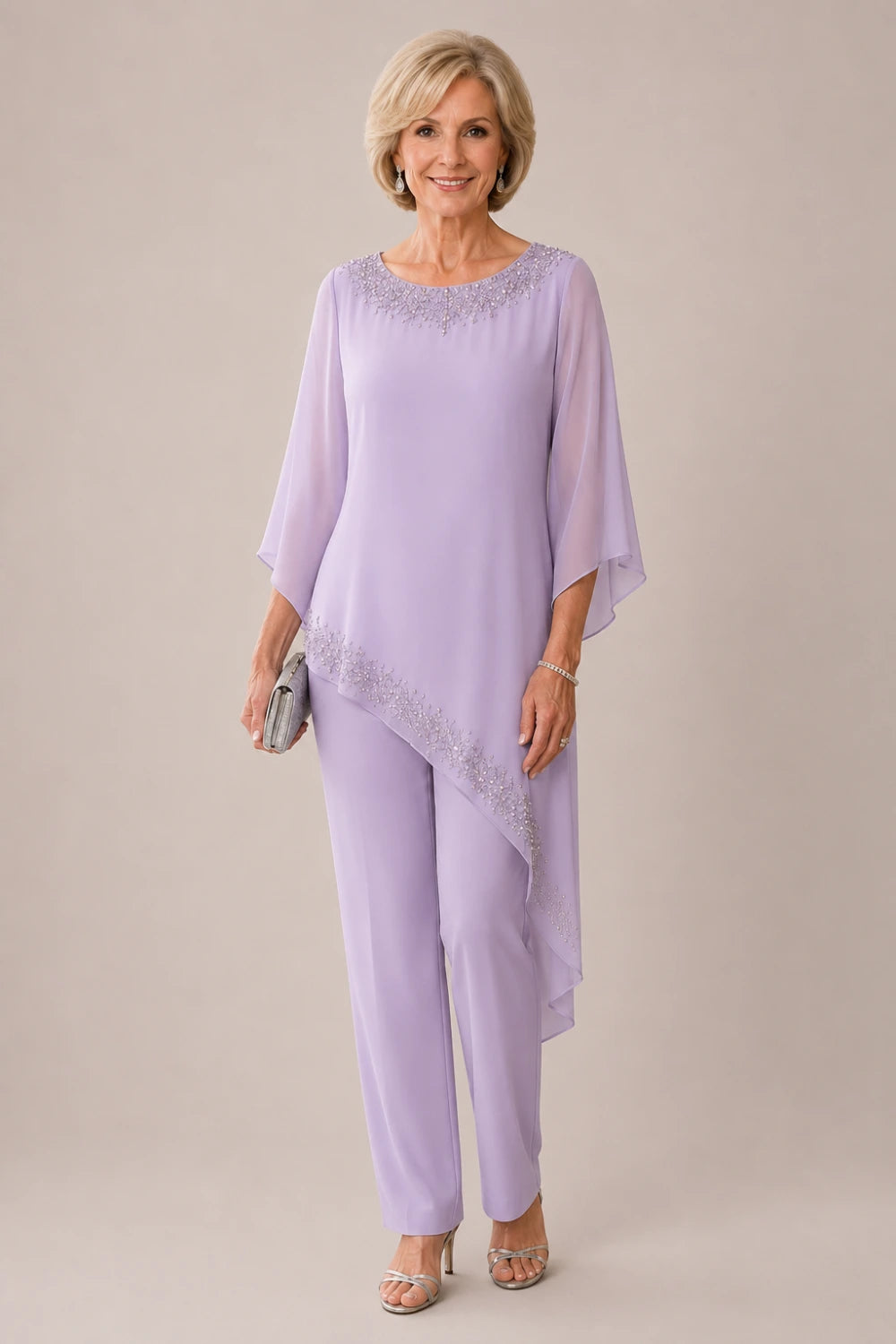 Beaded Chiffon Overlay Mother of the Bride Pant Suit