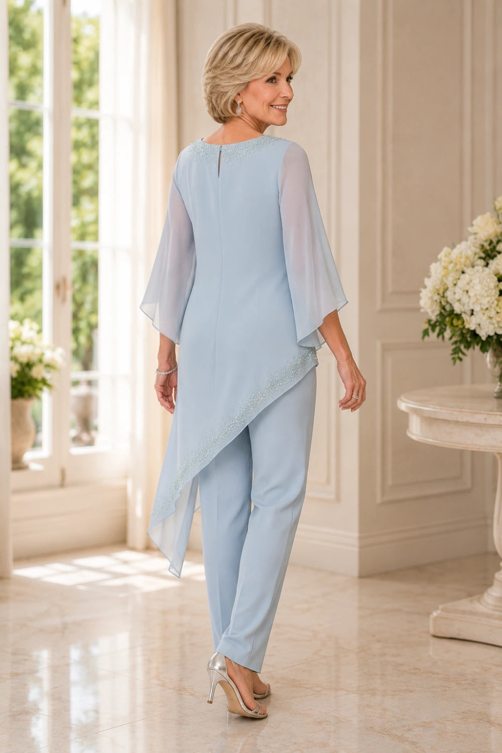 Beaded Chiffon Overlay Mother of the Bride Pant Suit