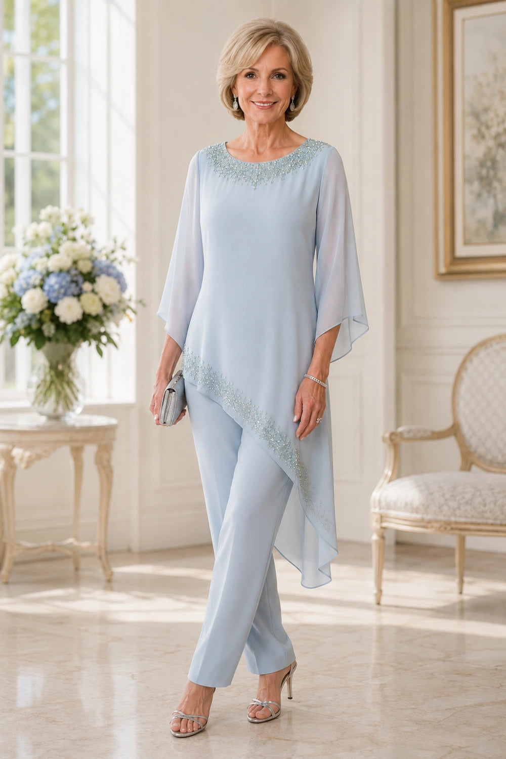 Beaded Chiffon Overlay Mother of the Bride Pant Suit