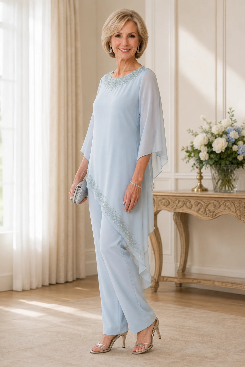 Beaded Chiffon Overlay Mother of the Bride Pant Suit