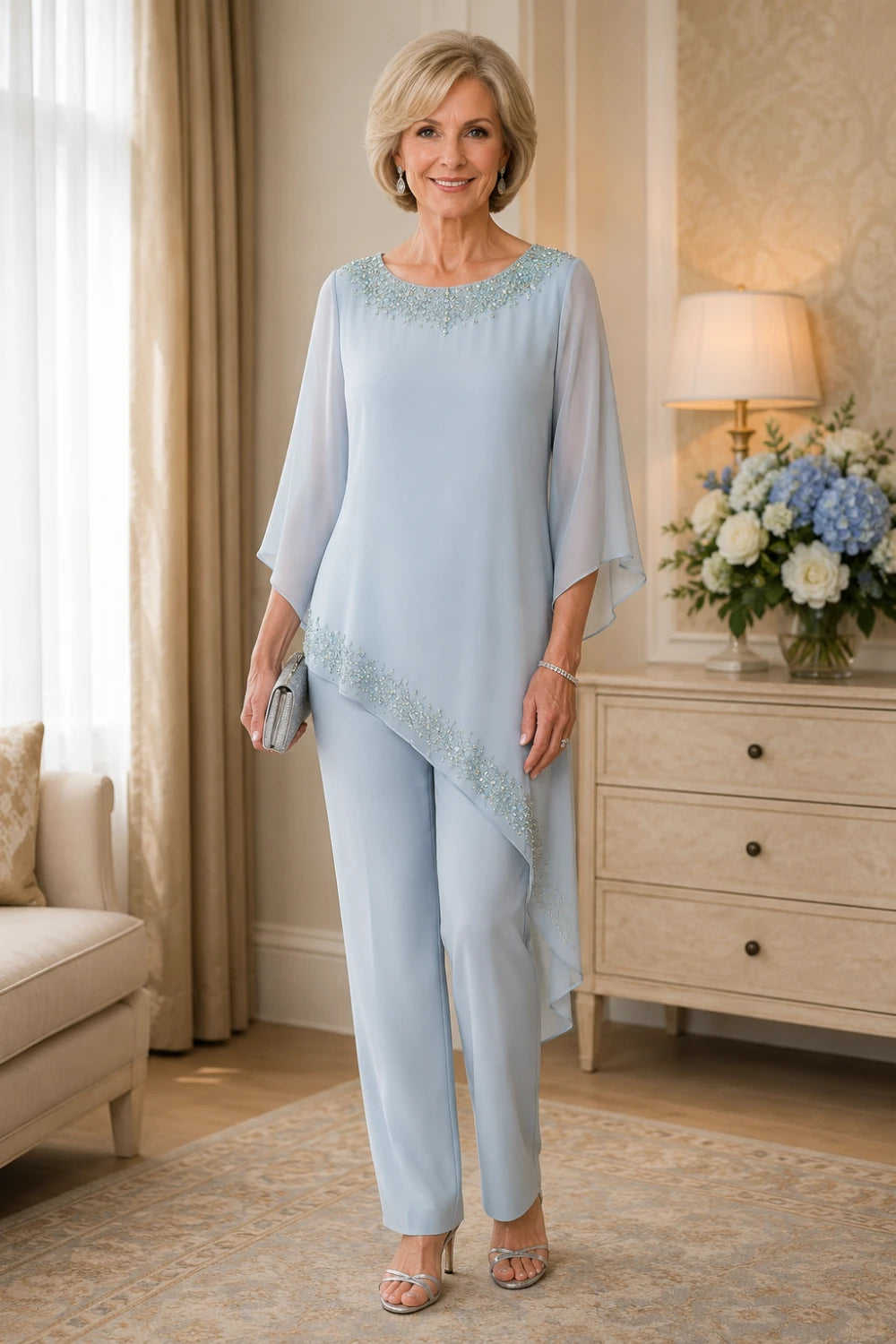 Beaded Chiffon Overlay Mother of the Bride Pant Suit