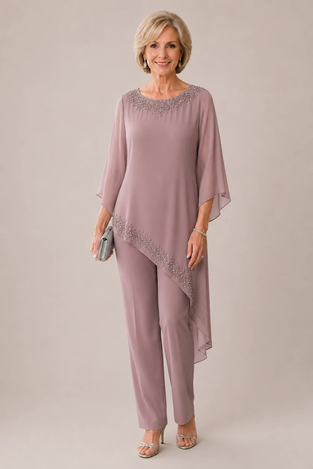 Beaded Chiffon Overlay Mother of the Bride Pant Suit
