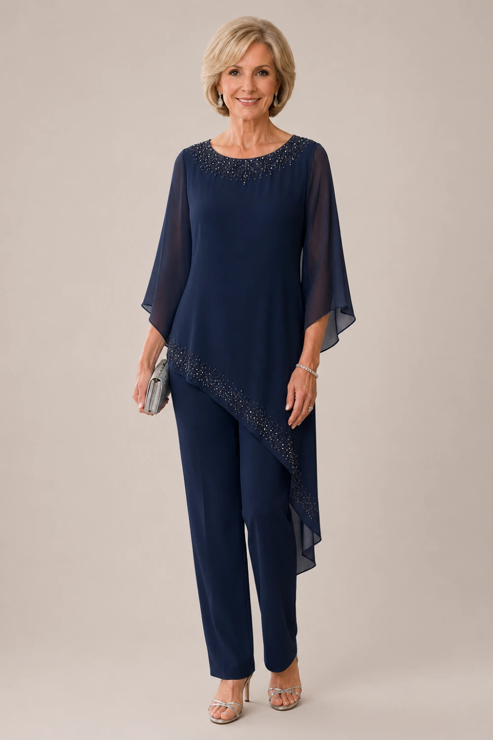 Beaded Chiffon Overlay Mother of the Bride Pant Suit