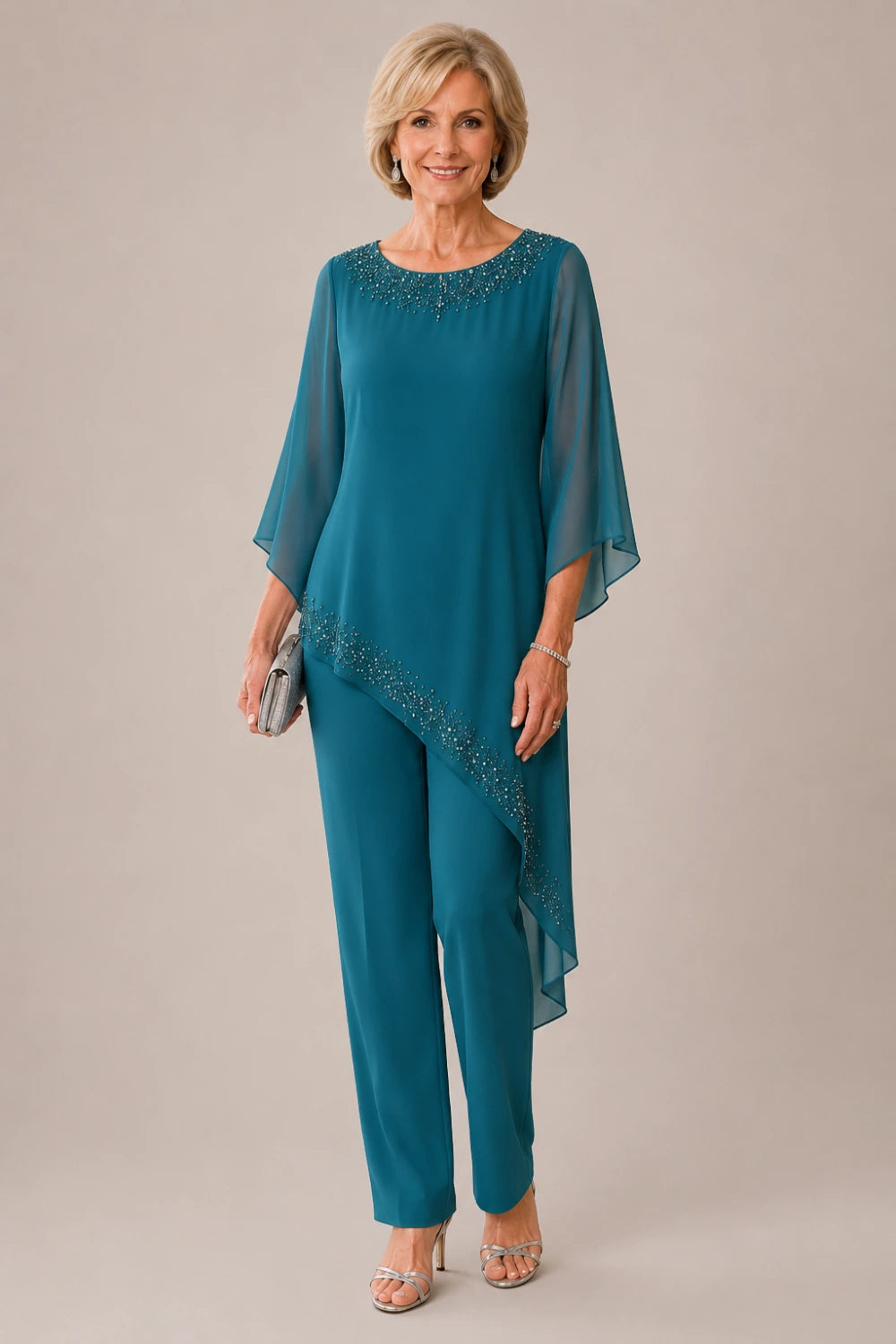 Beaded Chiffon Overlay Mother of the Bride Pant Suit