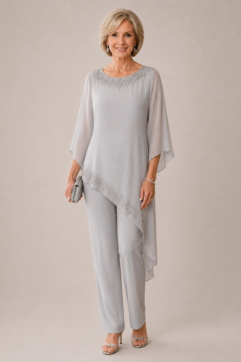 Beaded Chiffon Overlay Mother of the Bride Pant Suit
