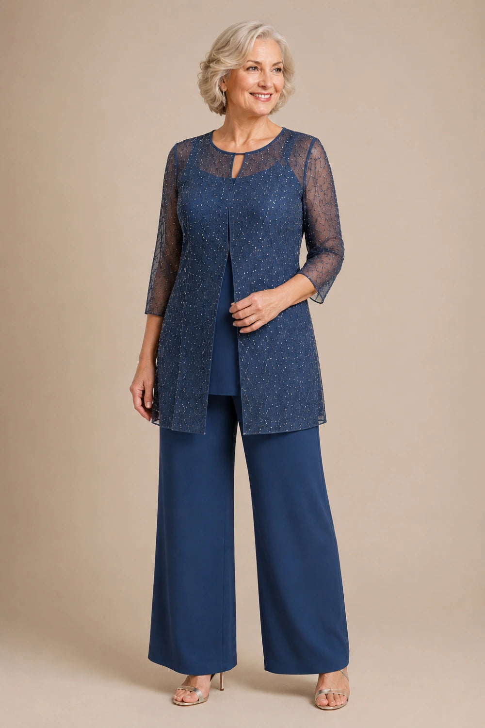 Beaded Chiffon Three-Piece Pant Suit with Long Overlay