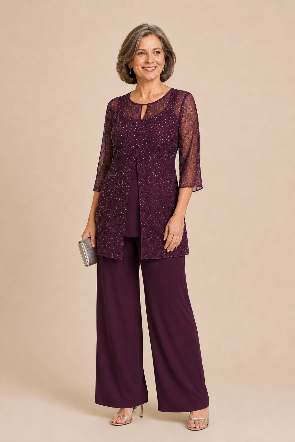 Beaded Chiffon Three-Piece Pant Suit with Long Overlay