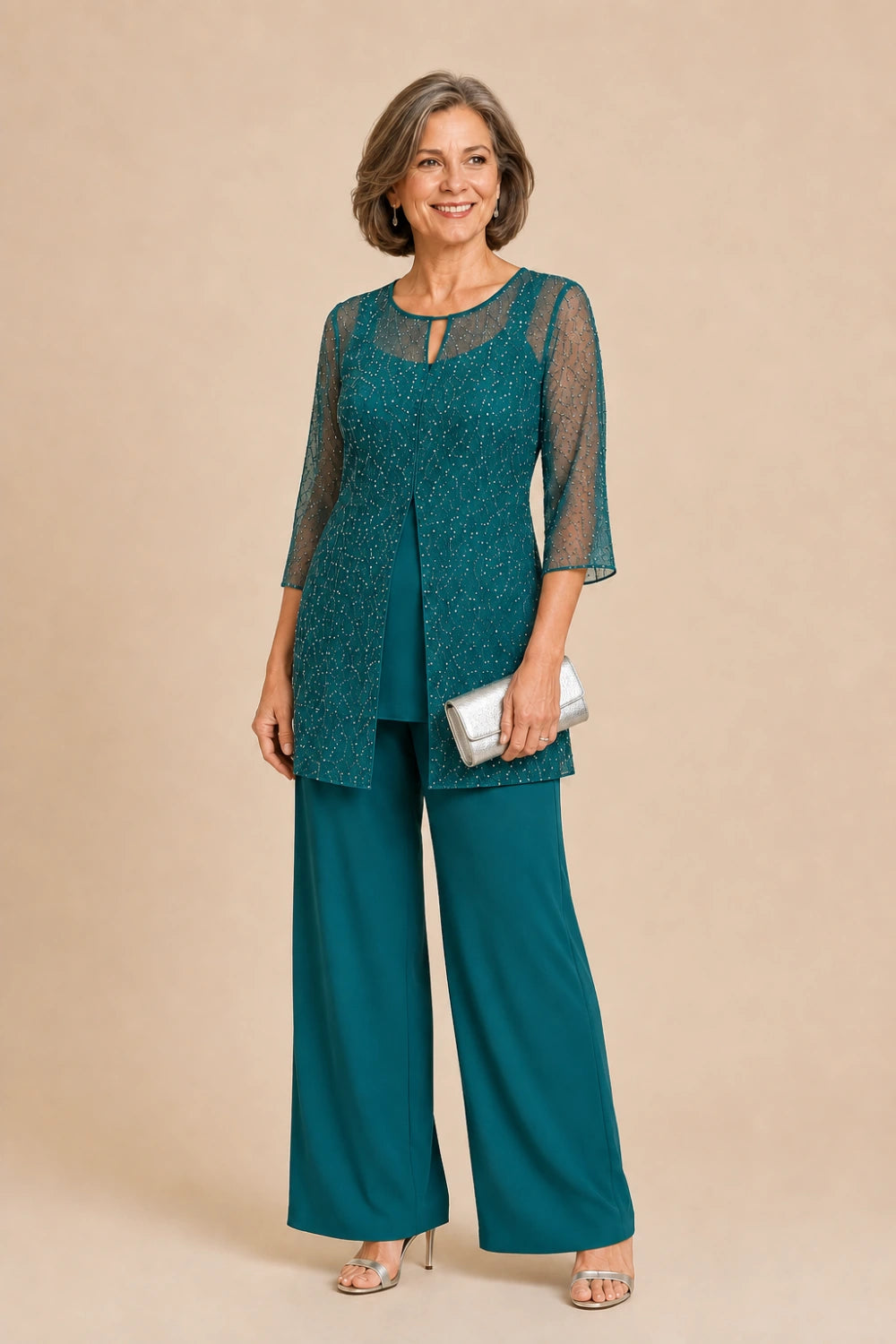 Beaded Chiffon Three-Piece Pant Suit with Long Overlay