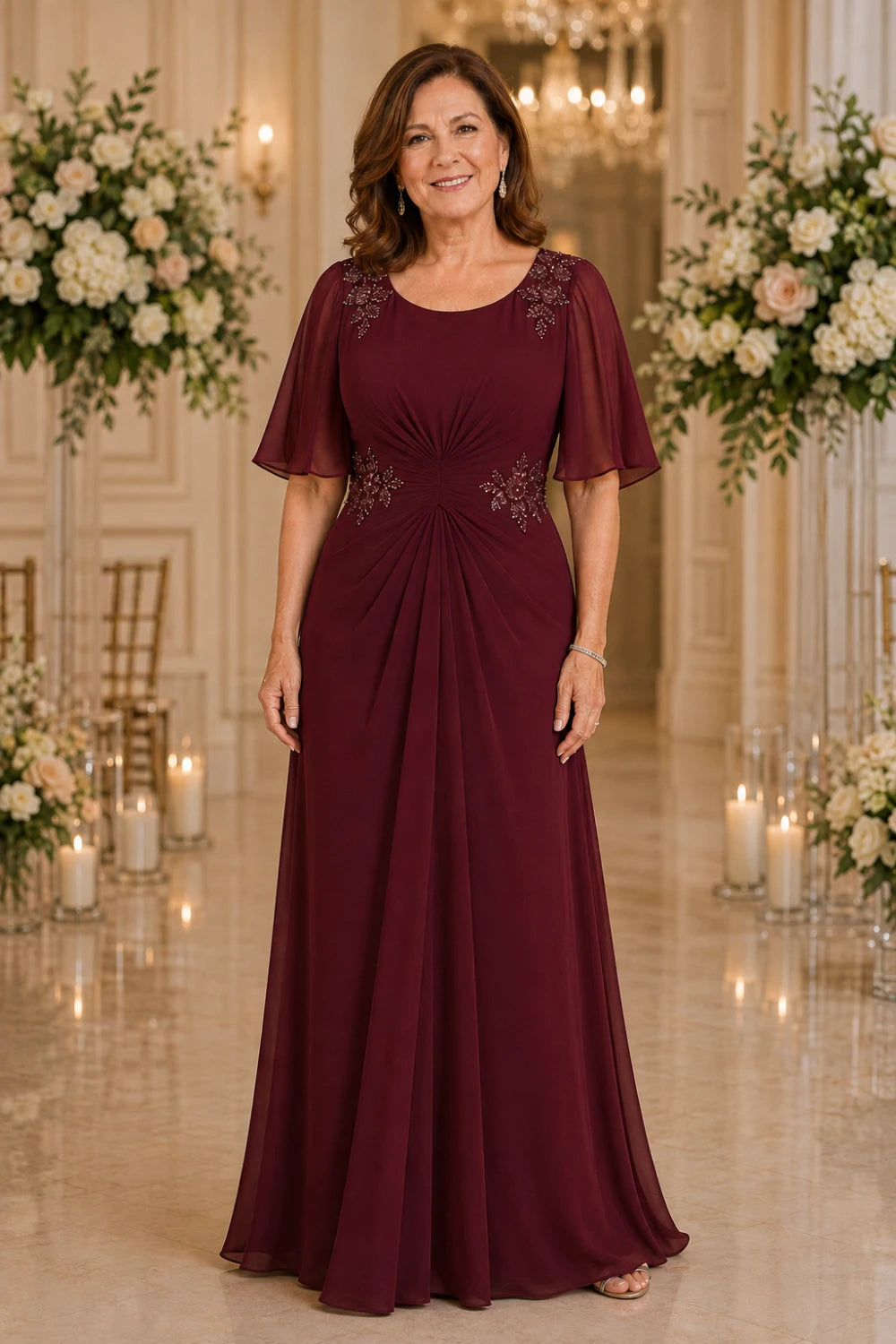 Beaded Floral Ruched-Waist Chiffon Maxi Dress