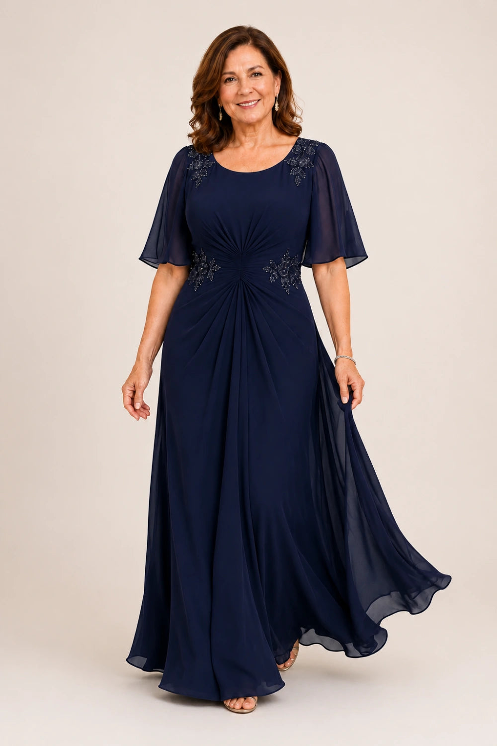 Beaded Floral Ruched-Waist Chiffon Maxi Dress