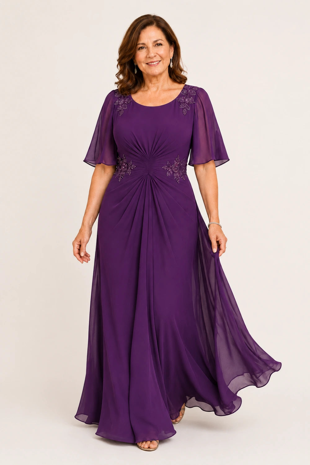 Beaded Floral Ruched-Waist Chiffon Maxi Dress