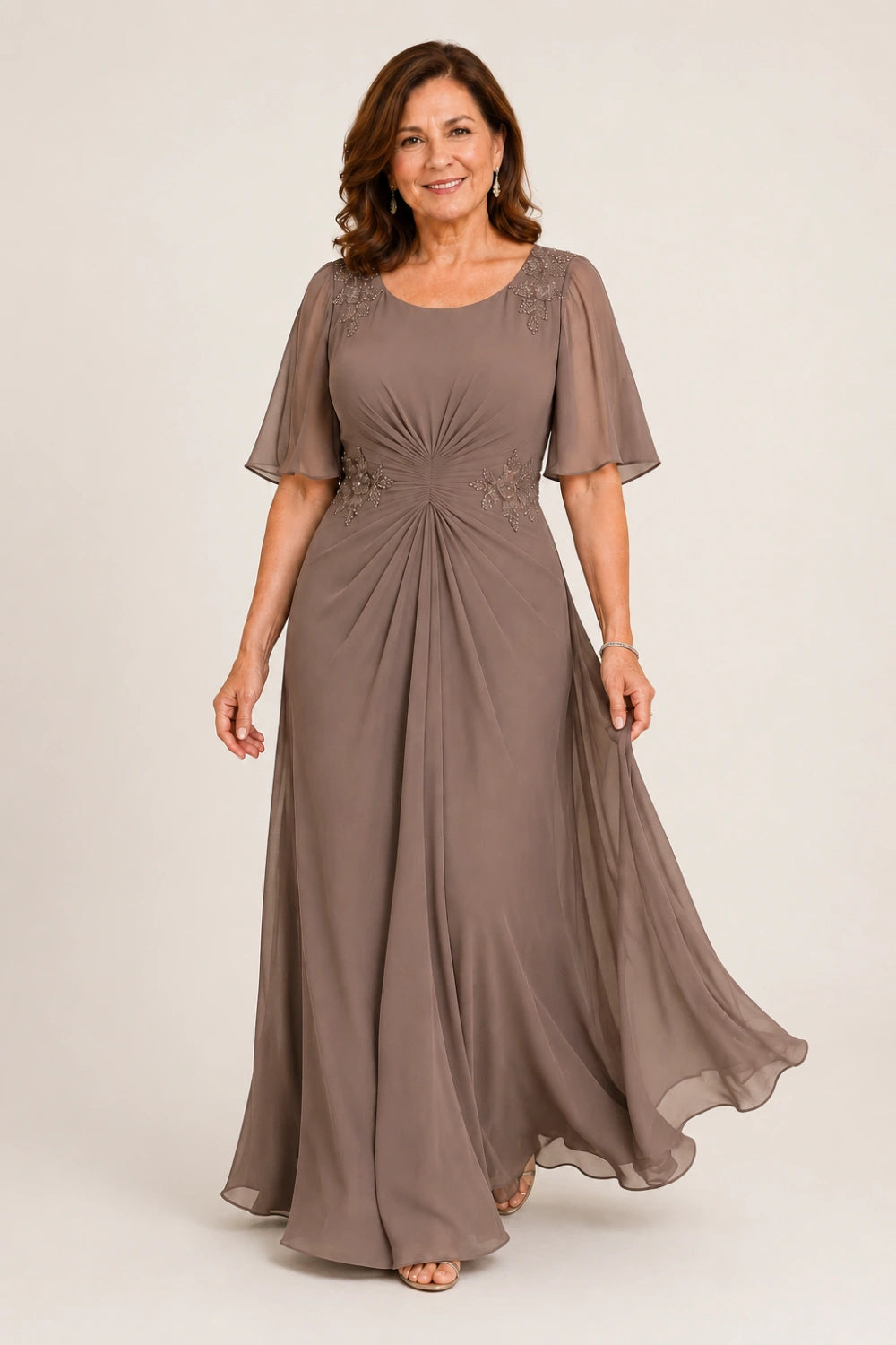 Beaded Floral Ruched-Waist Chiffon Maxi Dress