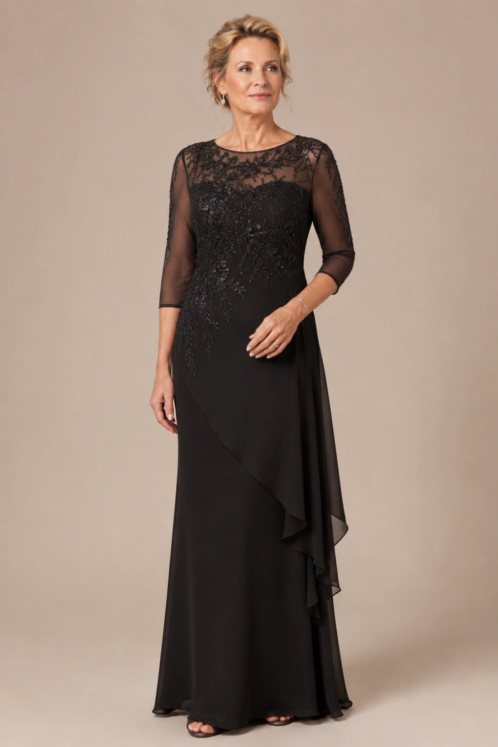 Beaded Illusion-Neck Chiffon Gown with Cascade Ruffle
