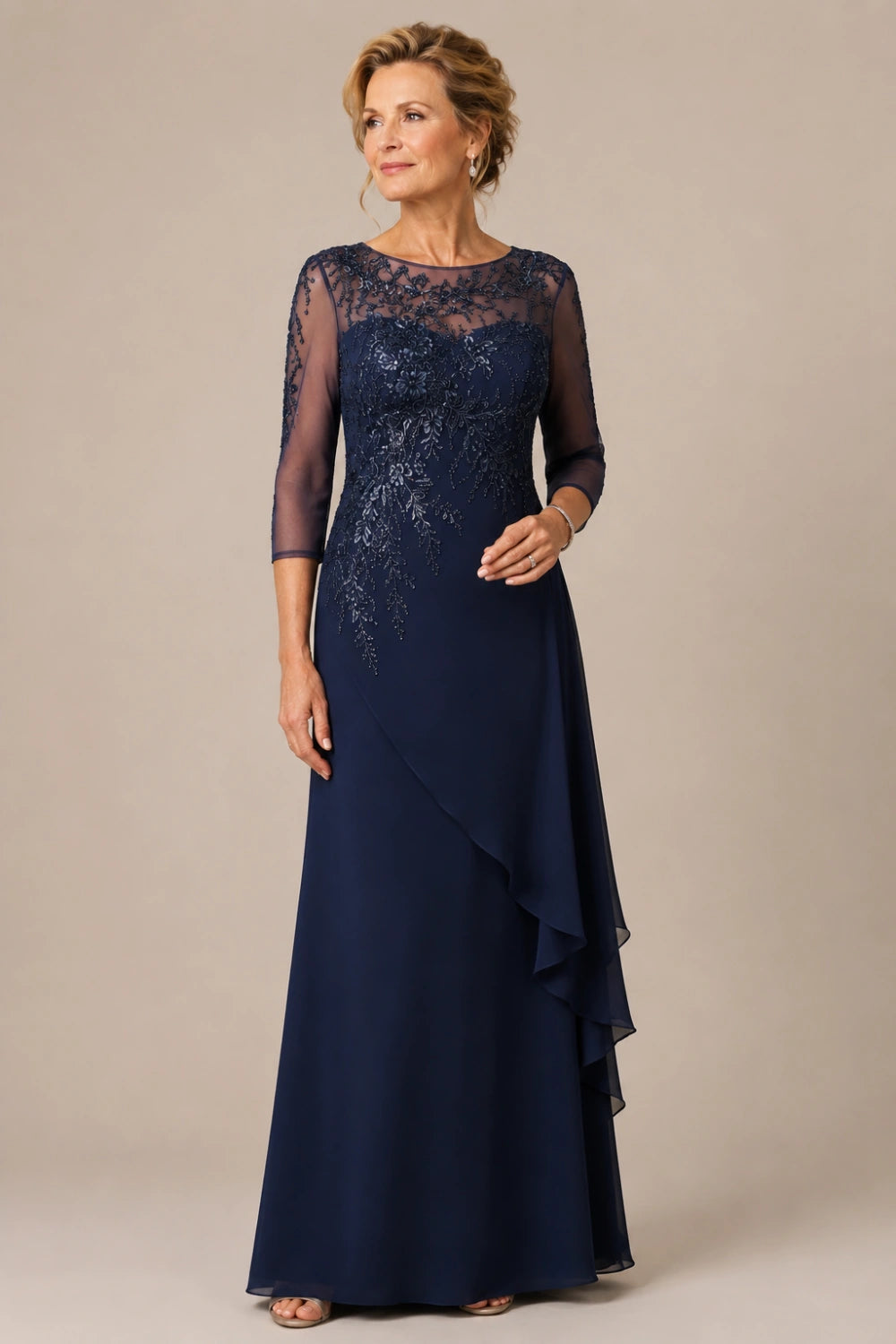Beaded Illusion-Neck Chiffon Gown with Cascade Ruffle