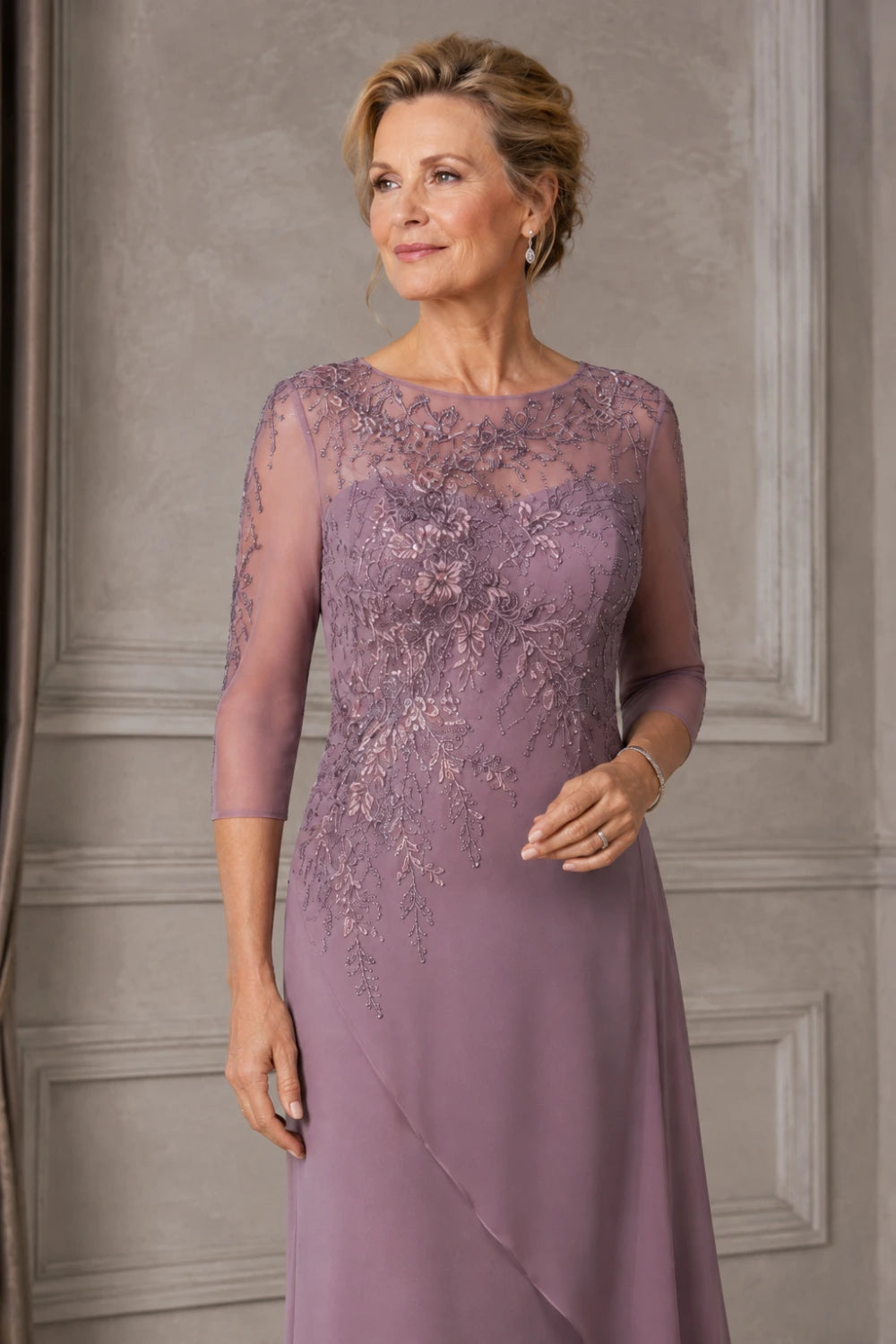 Beaded Illusion-Neck Chiffon Gown with Cascade Ruffle