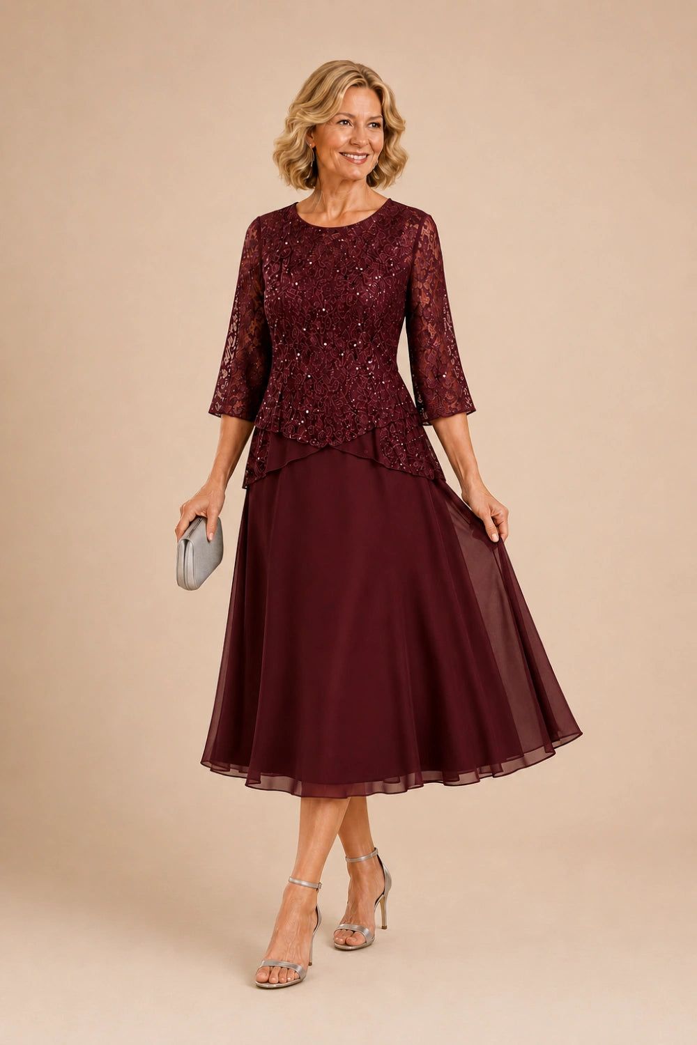 Beaded Lace Asymmetric Midi Chiffon Dress