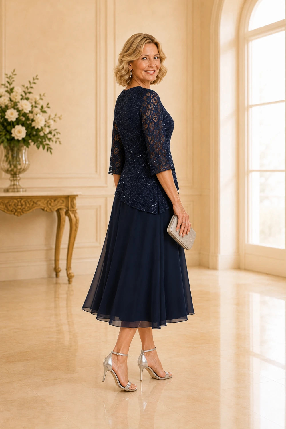 Beaded Lace Asymmetric Midi Chiffon Dress