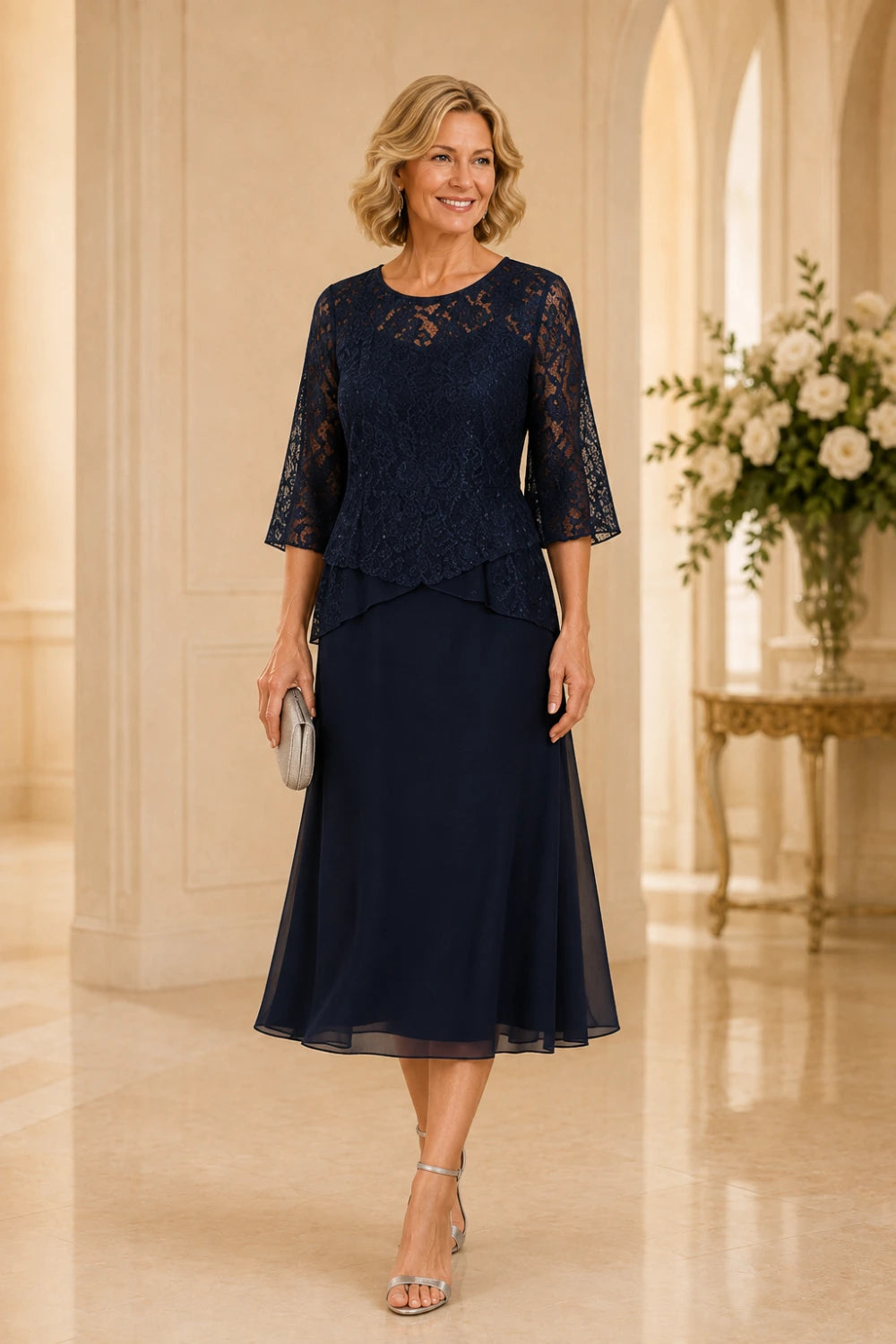Beaded Lace Asymmetric Tea-Length Chiffon Dress