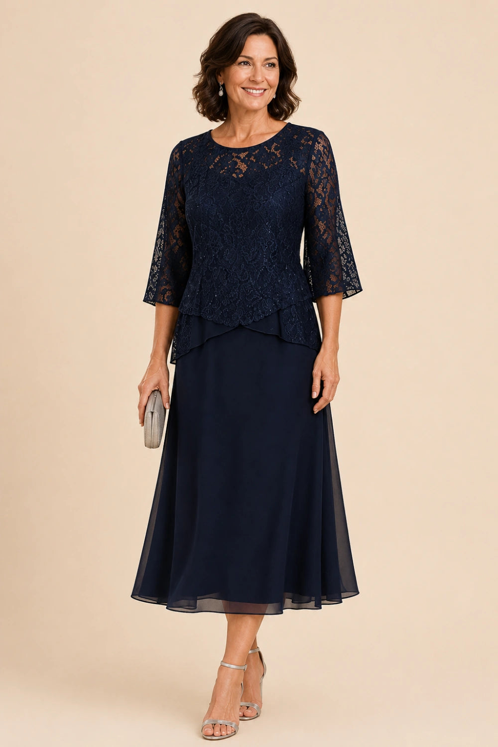 Beaded Lace Asymmetric Tea-Length Chiffon Dress