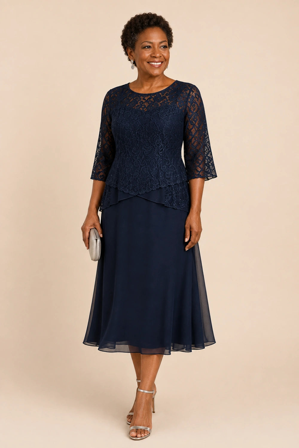 Beaded Lace Asymmetric Tea-Length Chiffon Dress