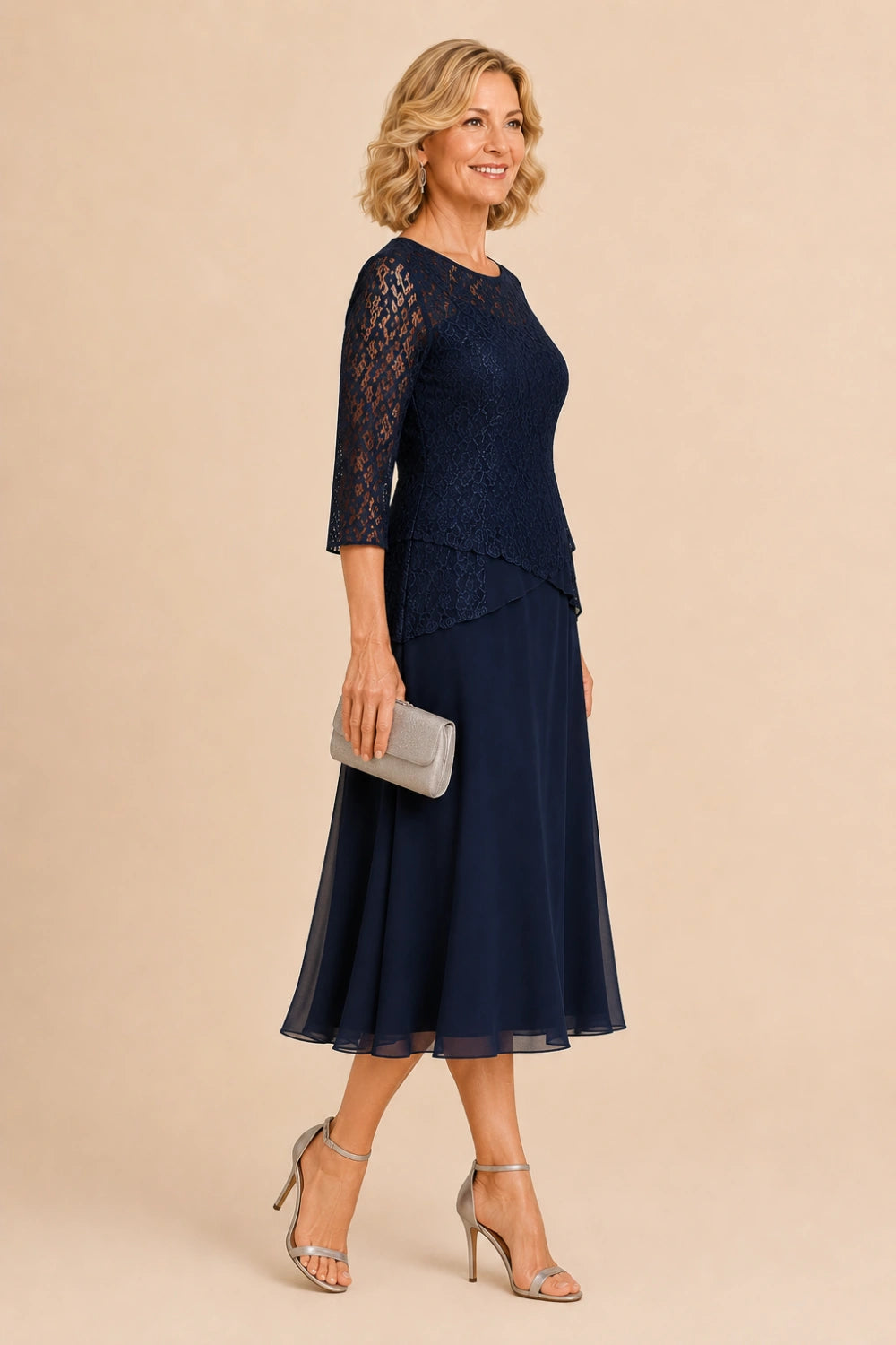 Beaded Lace Asymmetric Tea-Length Chiffon Dress