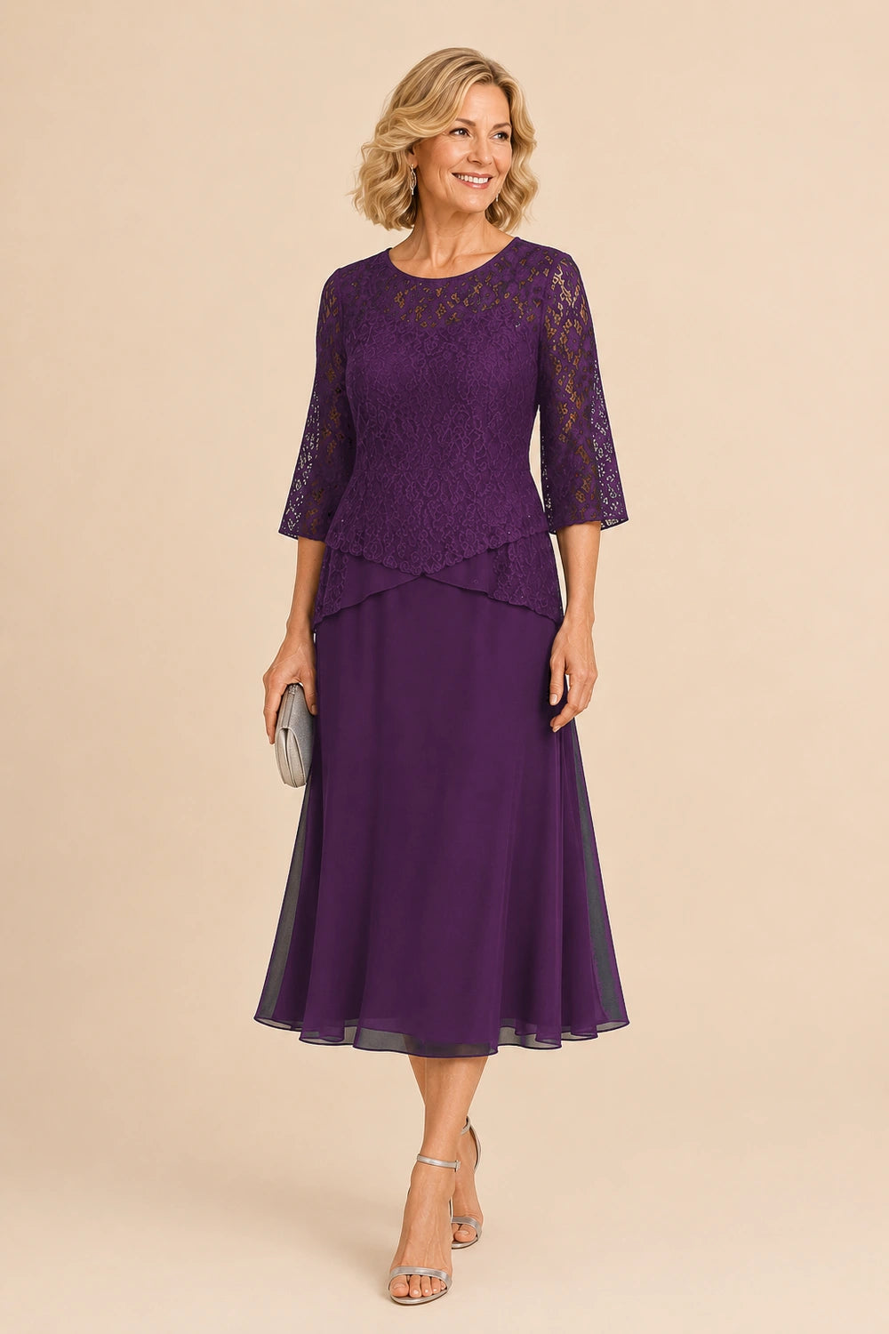 Beaded Lace Asymmetric Tea-Length Chiffon Dress
