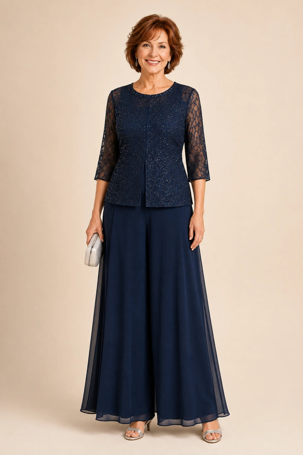 Beaded Lace Culotte Pant Suit with Chiffon Overlay