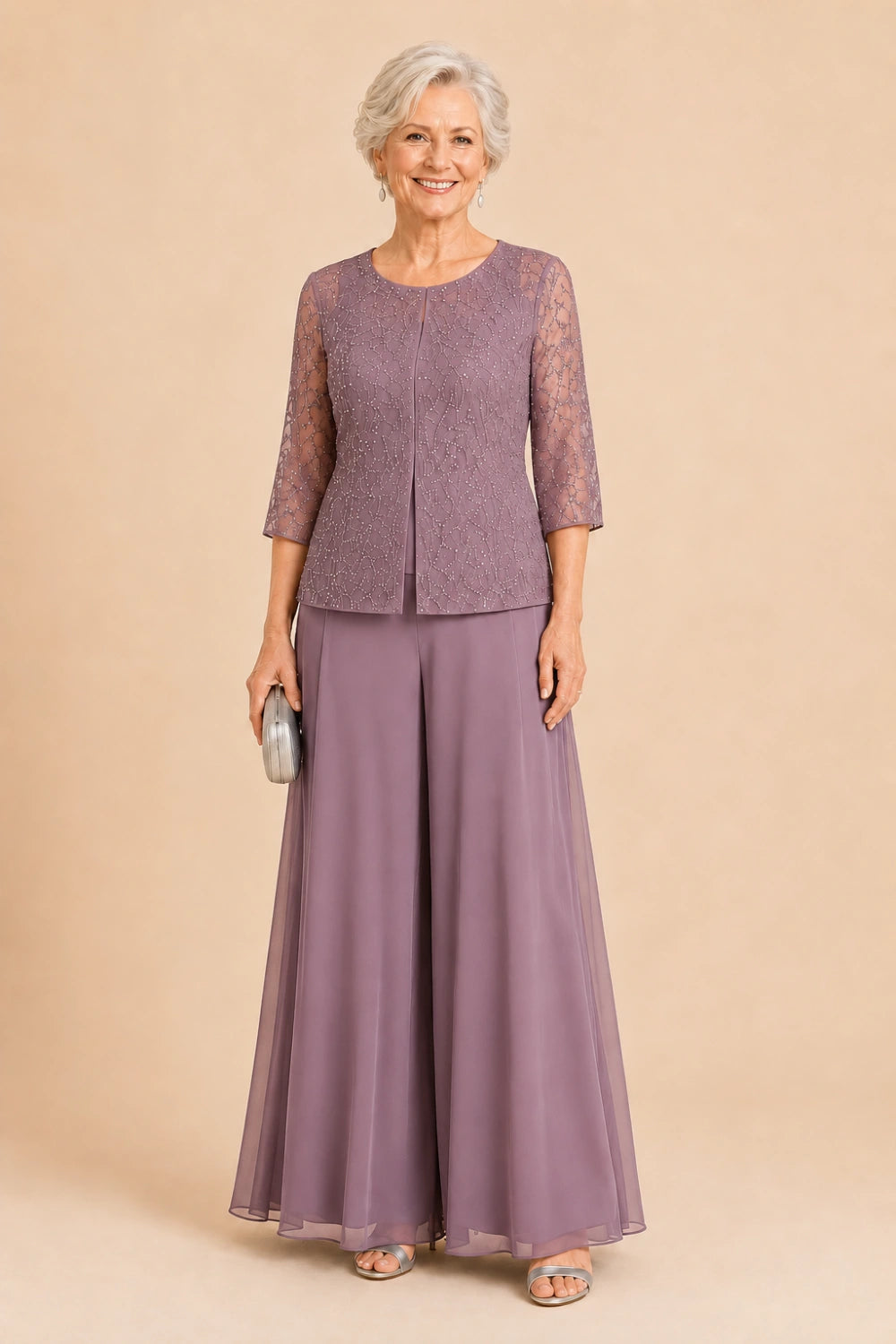 Beaded Lace Culotte Pant Suit with Chiffon Overlay