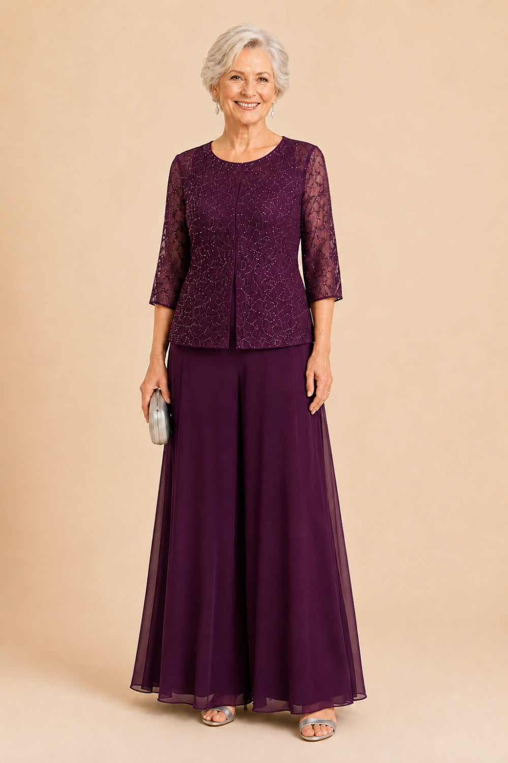 Beaded Lace Culotte Pant Suit with Chiffon Overlay