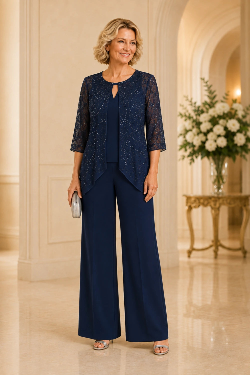 Beaded Lace Layered Wide-Leg Pant Suit