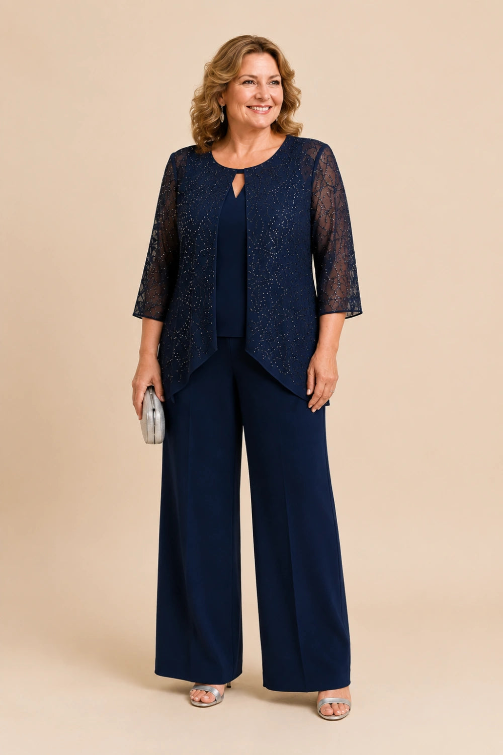 Beaded Lace Layered Wide-Leg Pant Suit