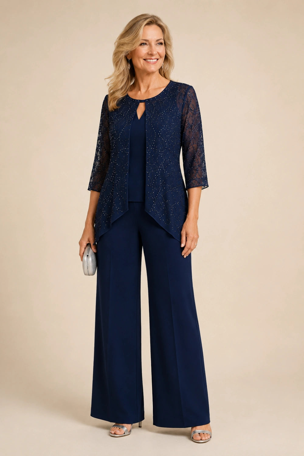 Beaded Lace Layered Wide-Leg Pant Suit