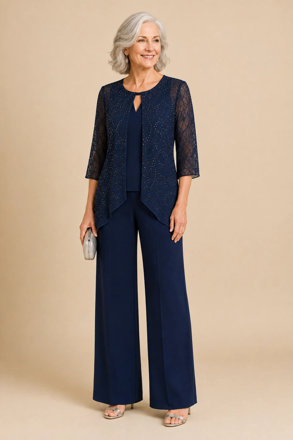 Beaded Lace Layered Wide-Leg Pant Suit