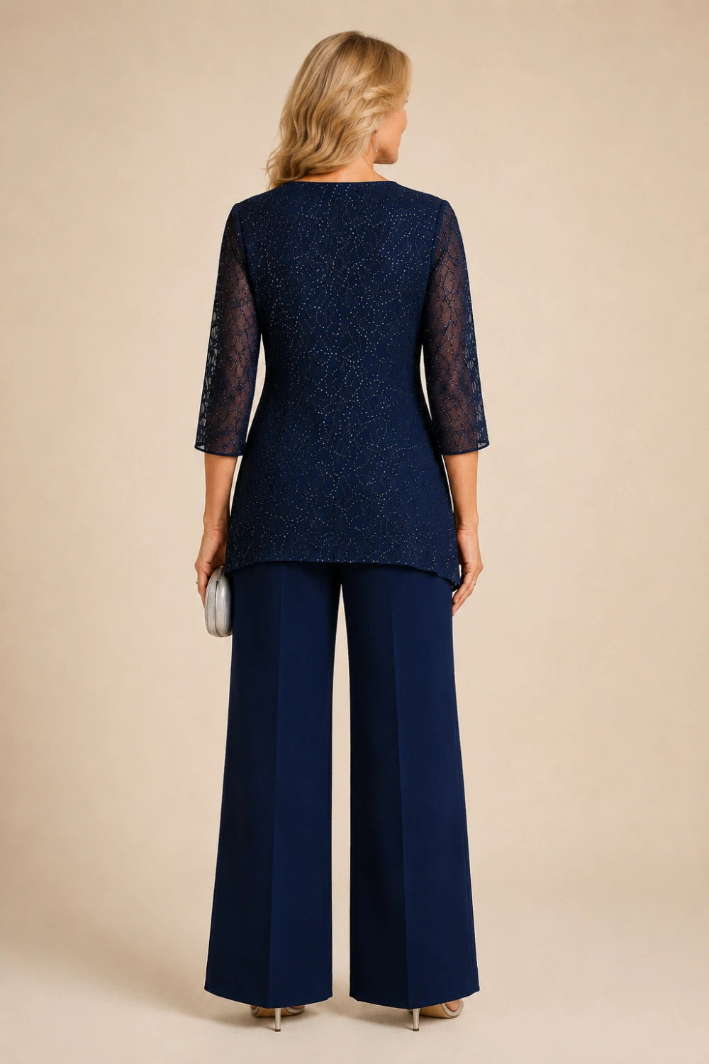 Beaded Lace Layered Wide-Leg Pant Suit