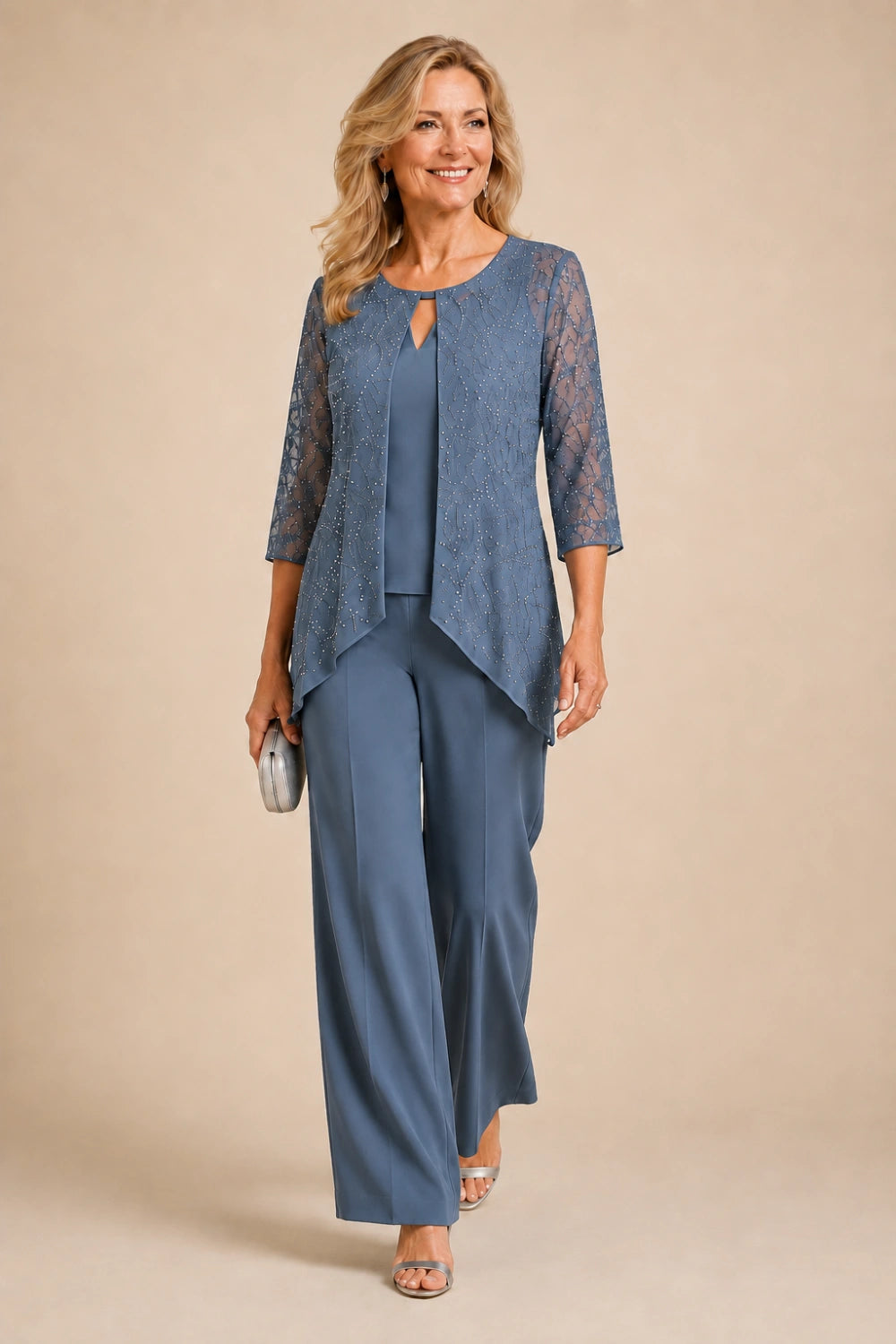 Beaded Lace Layered Wide-Leg Pant Suit