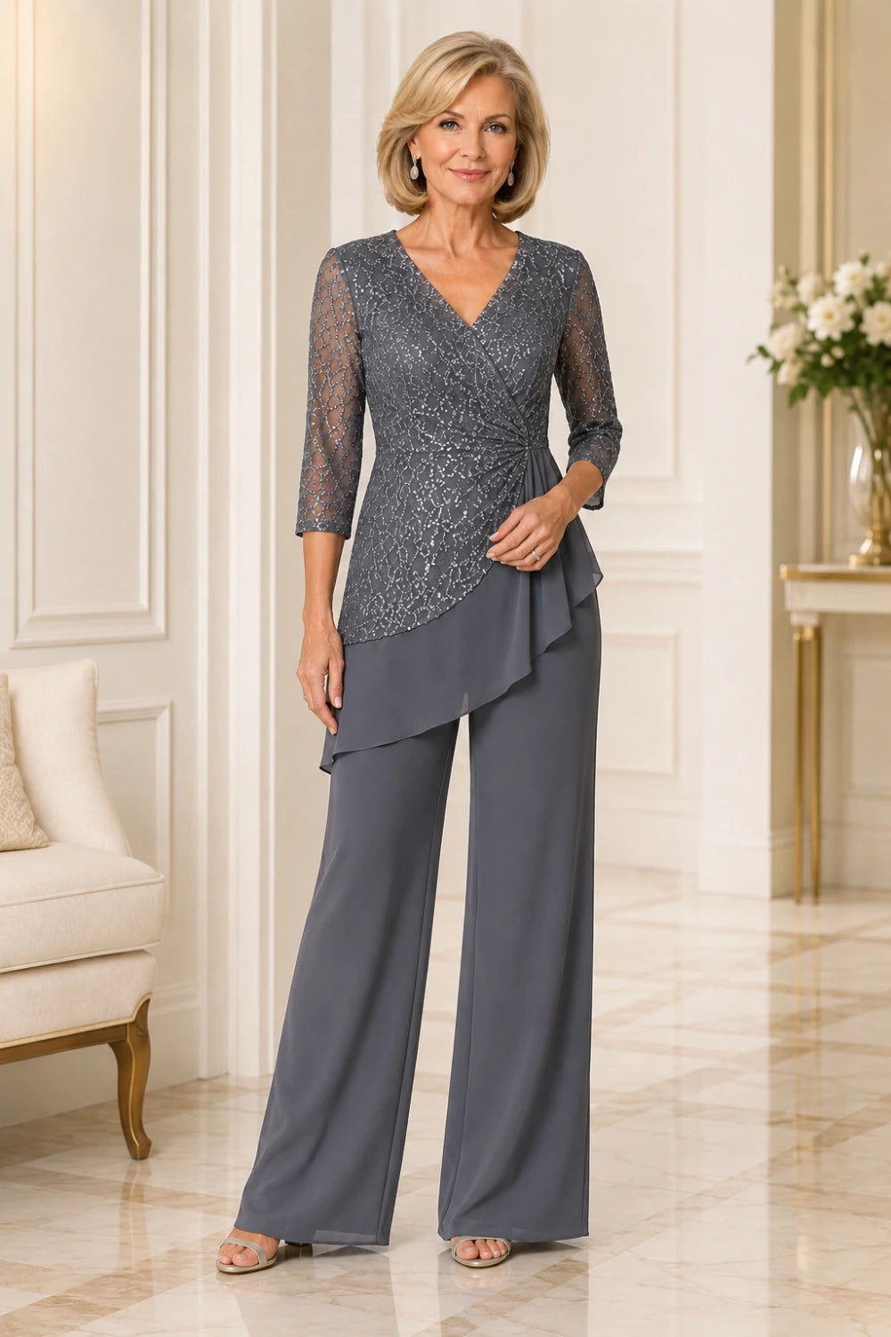 Beaded Lace Chiffon Pant Suit with Sheer Sleeves