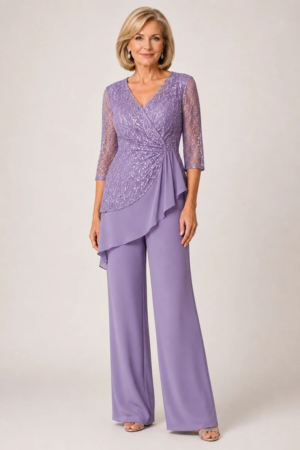 Beaded Lace Chiffon Pant Suit with Sheer Sleeves
