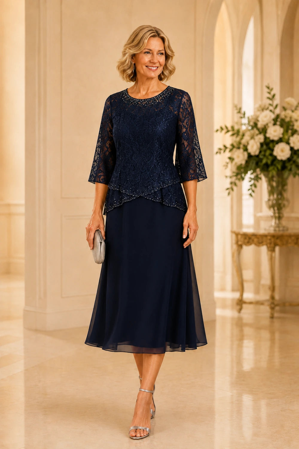 Beaded Lace Tea-Length Chiffon Formal Dress